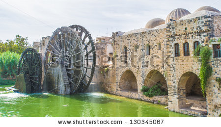 Noria of Hama, water wheel along the Orontes River in the city of Hama