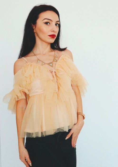 Nude Layered Mesh Ruffle Strappy Top from Femme Luxe Finery