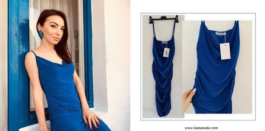 Royal Blue Ruched Cowl Neck Bodycon Mini Dress